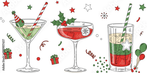 Holiday cocktail icons, festive drinks, seasonal decorations, party glasses, Christmas cheer, celebration theme, colorful style, flat vector illustration