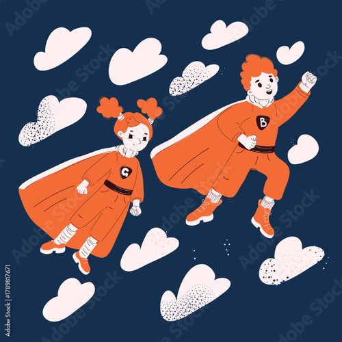 Cartoon vector illustration of a boy and girl flying in the sky as superheroes, symbolizing imagination and adventure against dark background