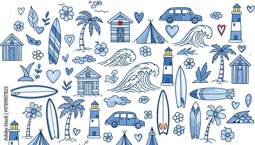 Beach vacation icons, surfboards, palm trees, seaside huts, summer waves, travel elements, coastal fun, cartoon style, flat vector illustration