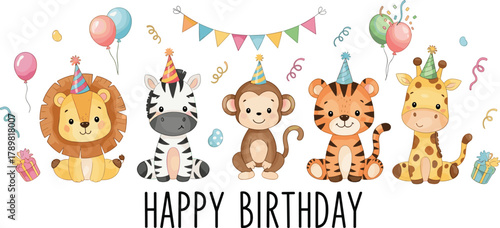 Birthday animals, party hats, festive balloons, cartoon lion zebra monkey tiger giraffe, celebration scene, kids theme, flat vector illustration
