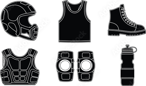 Action sports gear including helmet, vest, boots, and water bottle