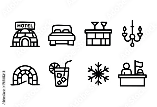 A collection of simple icons representing a hotel experience in a snowy region. Features include an igloo-style hotel, cozy bed, drinks at the bar, and a welcoming reception area.