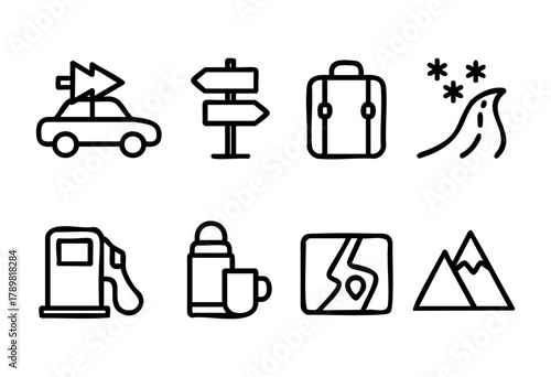 Various travel-related icons illustrate themes of adventure, including a car, directional signs, a suitcase, mountains, and a fuel pump. These symbols inspire road trips and outdoor exploration.