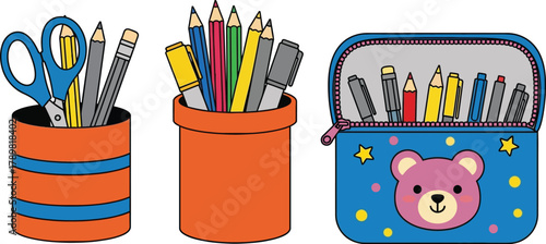 Vibrant school supplies organized in colorful containers for learning fun