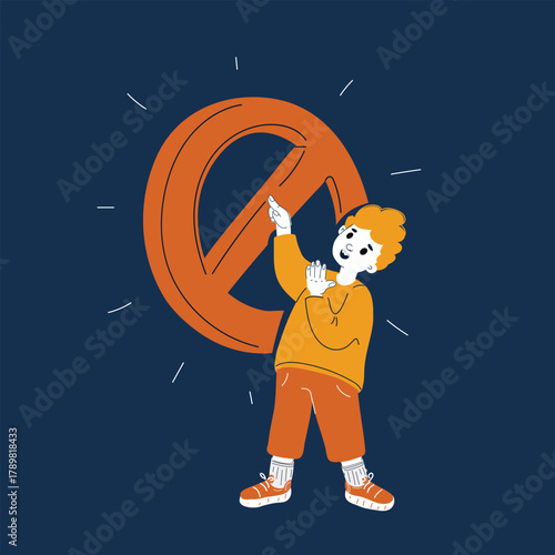 Cartoon vector illustration of a boy pressing a prohibition sign, symbolizing parental control and digital safety against dark background