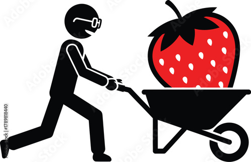 Man pushing wheelbarrow with giant strawberry