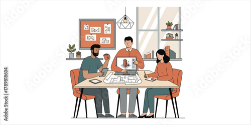 Three architects in discussion around design ideas in a collaborative workspace A bold yet minimalist composition with handcrafted textures, geometric forms, and clean color blocks. A modern and elega