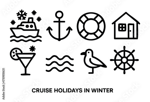 Illustrations represent a winter cruise holiday theme featuring a ship, anchor, lifebuoy, house, drink, waves, seagull, and steering wheel, evoking a festive seaside experience.