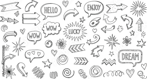 Hand Drawn Doodles with Speech Bubbles, Arrows, Hearts, Stars on White Background