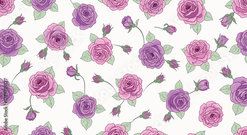 A seamless pattern of purple and pink roses and rosebuds with green leaves on a white background.