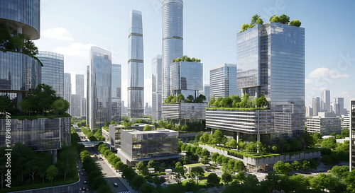 Modern cityscape with glass skyscrapers, extensive rooftop gardens, and green infrastructure for sustainable urban living architecture.