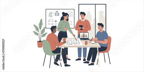 Professional team discussing architectural projects in a modern office setting A bold yet minimalist composition with handcrafted textures, geometric forms, and clean color blocks. A modern and elegan