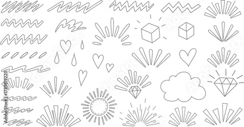 Hand Drawn Elements Sunbursts, Hearts, Cloud, Diamond, Raindrops and Scribbles on White