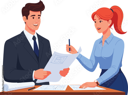 Architects discussing blueprint plans, professional collaboration moment, engineering teamwork, design strategy, office interaction, planning session, business attire, creative workspace