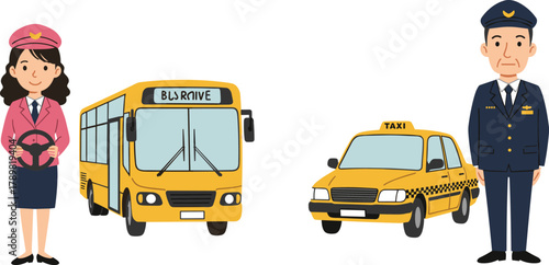 Bus driver and taxi driver characters, cartoon transportation scene, public service roles, vehicle operators, professional attire, travel moment, smiling pose