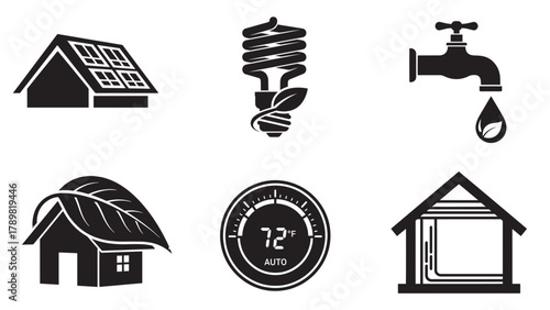 sustainable living and home energy silhouettes collection minimal black eco vector icon set