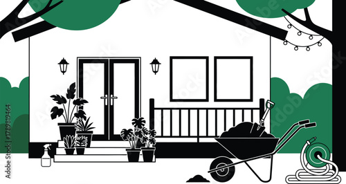 Gardening project begins with wheelbarrow, shovel, and plants by home