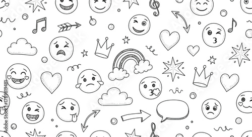 Hand Drawn Emoji Pattern with Clouds, Hearts, Rainbow and Crown on White Background