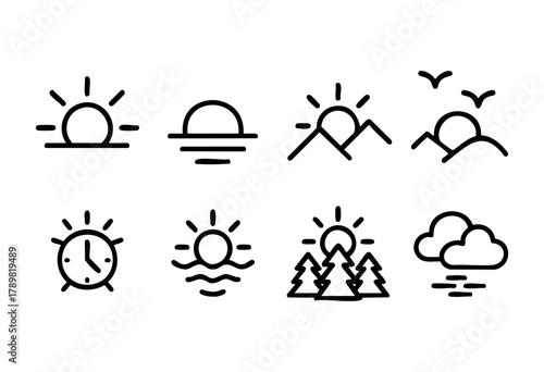 A collection of minimalistic line icons showing sunset, sunrise, mountains, trees, and a clock. These designs capture themes of nature and time in a clear, contemporary style.