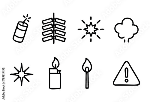 This illustration features various symbols related to fireworks and safety. It includes fireworks, matches, a lighter, and caution signs depicting celebration and necessary precautions.