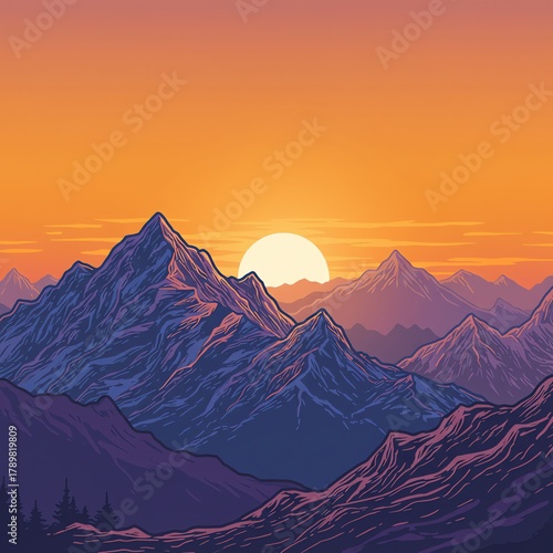 Mountain range at sunset with glowing sun