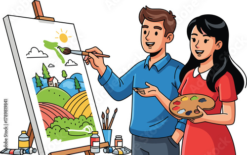 Cartoon artists painting landscape, creative teamwork, colorful canvas, art supplies, brush and palette, artistic collaboration, vector illustration, white background