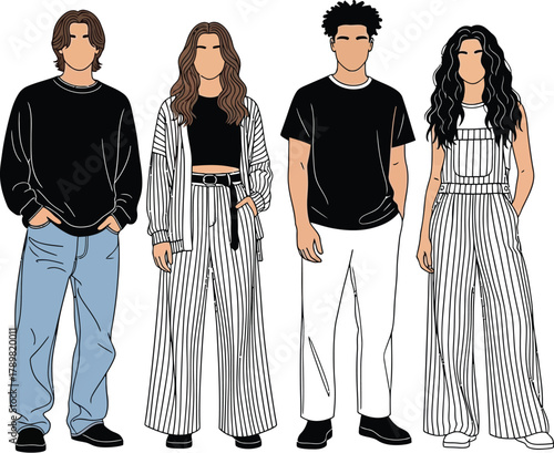 Diverse young adults showcase modern fashion in minimalist style illustration