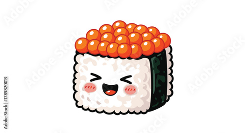 A delightful and smiling cartoon gunkan-maki sushi character topped with vibrant ikura, perfect for food-related designs.