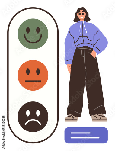Young woman standing beside a vertical feedback scale with happy, neutral, and sad faces. Ideal for emotion, feedback, mental health, decision-making, self-expression, user experience simple flat