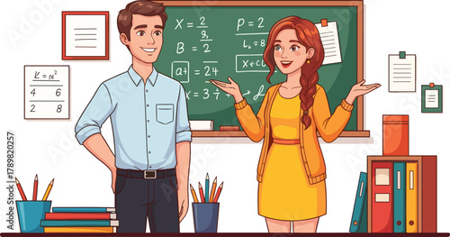 Cartoon classroom with male and female teachers explaining math on chalkboard, education learning scene, school teaching concept vector illustration, academic background