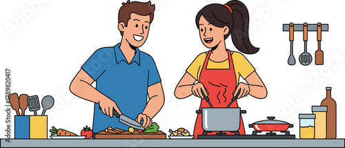Cartoon couple cooking together in kitchen with vegetables and utensils, teamwork, food preparation, domestic activity, culinary bonding, vector illustration