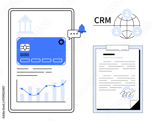 Tablet with credit card and analytics, notification bell, CRM network, signed document. Ideal for banking, finance, analytics, CRM digital platforms security business growth. Simple flat metaphor