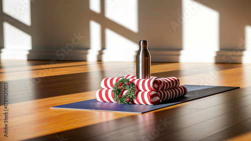 Festive Close-up of Yoga Mat and Striped Towels Red White Brown Christmas Fitness