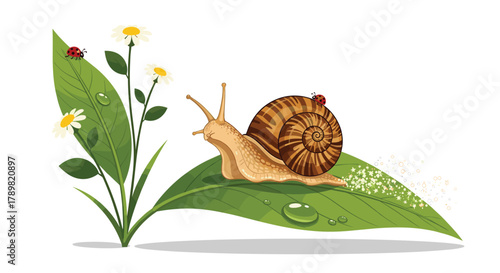 A snail with a ladybug on its shell slowly traverses a dewy green leaf, with white daisy flowers blooming and another ladybug nearby.
