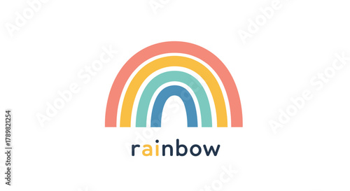 A minimalist and colorful graphic illustration of a rainbow with a modern flat design style, featuring the word 'rainbow' with highlighted letters.