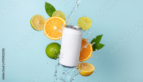 A blank white aluminum can is surrounded by halves of oranges, limes, and lemons, with a dynamic splash of water against a bright blue background.