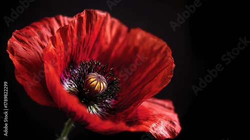 Red poppy flower on black background. Remembrance Day, Armistice Day, Anzac day symbol, floral, flora, blossom, closeup, garden, bloom, 
