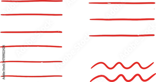 Hand Drawn Red Lines, Straight and Wavy, Artistic Brushstrokes, on White Background
