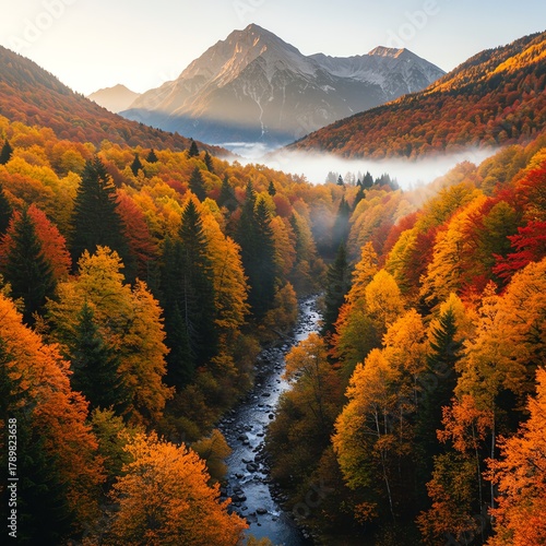 Autumn forest landscape with river and mountains