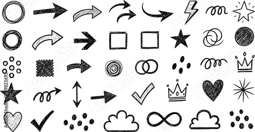 Hand Drawn Sketchy Arrows,Hearts,Circles,Squares,Stars,Clouds,Crowns,Checks and Scribbles