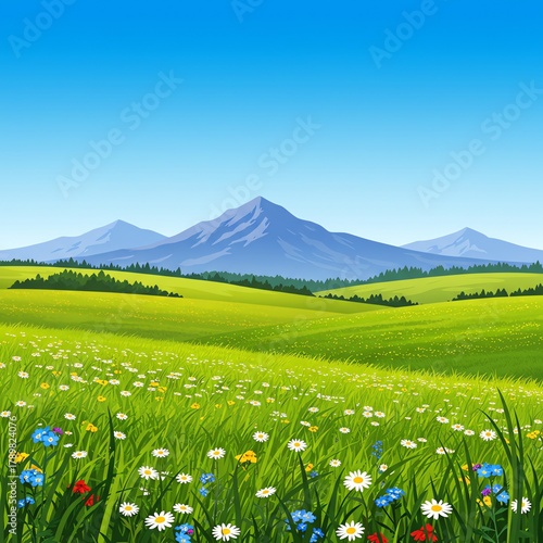Green meadow with mountains and wildflowers