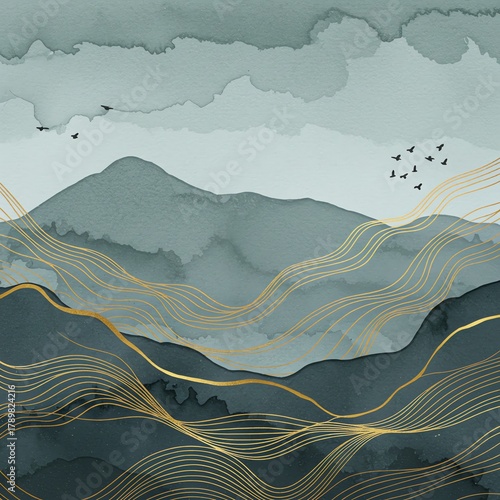 Mountain landscape with gold line detail