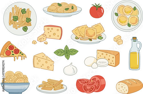 Italian cuisine, pasta dishes, cheese variety, tomato garlic basil, olive oil, pizza slice, food ingredients, flat vector illustrationItalian cuisine, pasta dishes