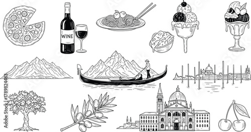 Italian culture icons, pizza and pasta, wine and gelato, gondola and cathedral, olive tree, heritage theme, flat vector illustration