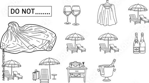 Luxury and caution icons, leisure symbols, wine and champagne, beach chairs, vanity table, symbolic contrast, flat vector illustration