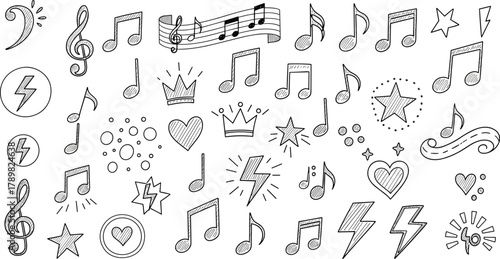 Music doodle illustration, treble and bass clefs, musical notes, whimsical sketch style, creative theme, flat vector design