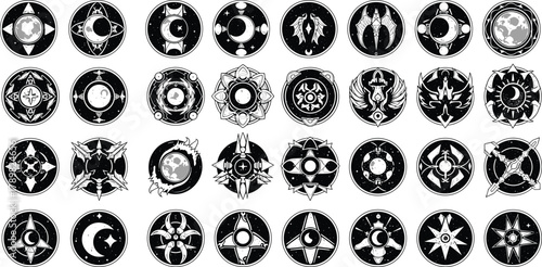 Mystical moon symbols, celestial icons, black and white design, fantasy motifs, spiritual elements, astrology inspired, grid layout, flat vector illustration