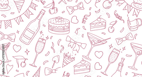 Party pattern, cake wine cocktail, confetti streamers hearts stars, celebration icons, festive design, red outline, flat vector illustration