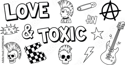Punk rock collage, mohawk skull, electric guitar, safety pin, anarchy symbol, toxic love, rebellious style, bold graphics, flat vector illustration