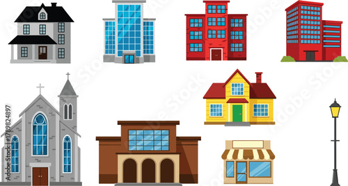 Residential house, office building, church architecture, storefront design, apartment block, street lamp, urban scene, cityscape variety, flat vector illustration